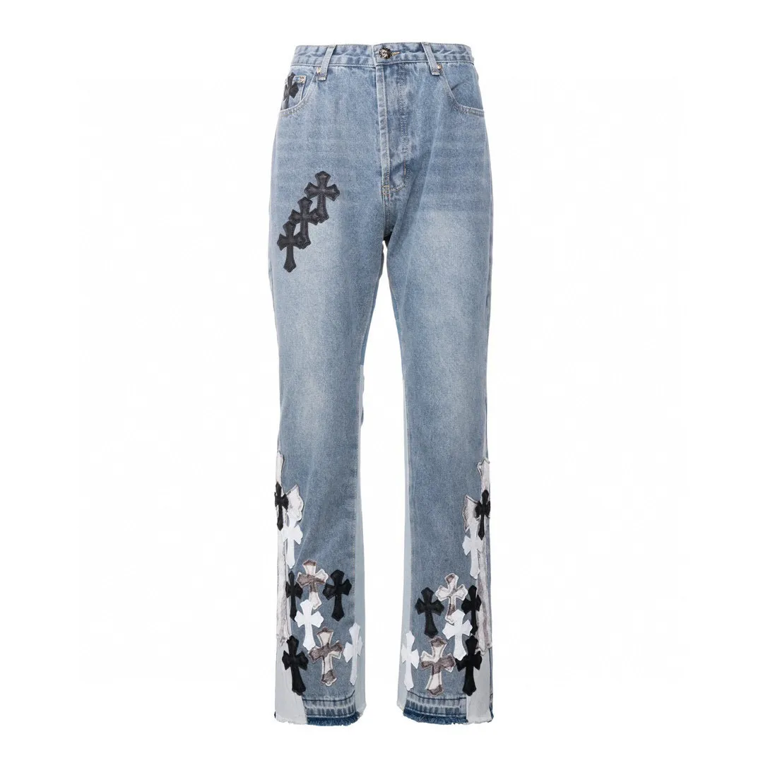 P270 Top version (destroy the patchwork) Top version Chrome Hearts jeans and leather jeans. It is well known that chromehearts jeans will use vintage Levis jeans as the base for creation. They usually add their own unique silver buckles and silver ornaments, plus patchwork embellishments. This is the reason why the value of these vintage jeans doubles, because the base is vintage jeans, and the jeans themselves have been very soft and comfortable after years of baptism. This can be distinguished from ordinary jeans. Regarding the size, you should also refer to the pants data. Style number: 1614# Color: Blue Size: 28 30 32 34 28 Waist 86 Hips 100 Pants length 102 30 Waist 90 Hips 104 Pants length 104 32 Waist 94 Hips 108 Pants length 106 34 Waist 98 Hips 112 Pants length 110